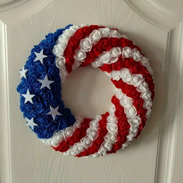 13Inch Patriotic Roses Wreath, 4th of July Summer Soft Touch Foam Roses Wreath for The Front Door, Memorial Day Artificial Flowers Wreath for Indoor and outdoor, 4Pcs