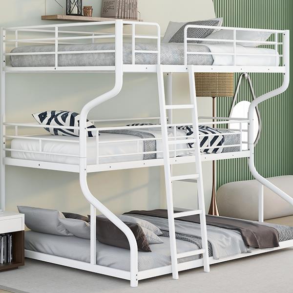 Full XL over Twin XL over Queen Size Triple Bunk Bed with Long and Short Ladder,White