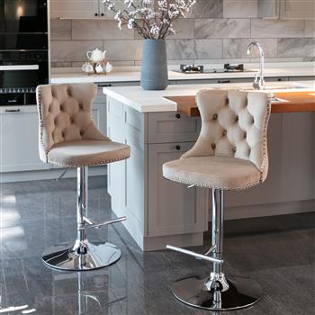 Furniture,Swivel Velvet Barstools Adjusatble Seat Height from 25-33 Inch, Modern Upholstered Chrome base Bar Stools with Backs Comfortable Tufted for Home Pub and Kitchen Island（Khaki,Set of 2）