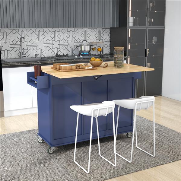 Rolling Mobile Kitchen Island with Drop Leaf - Solid Wood Top, Locking Wheels & Storage Cabinet 52.7 Inch Width(Dark blue)