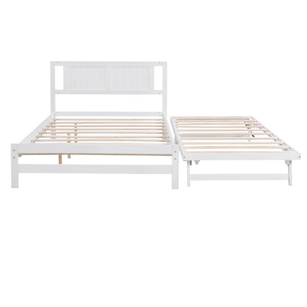 Full Size Platform Bed with Adjustable Trundle,White