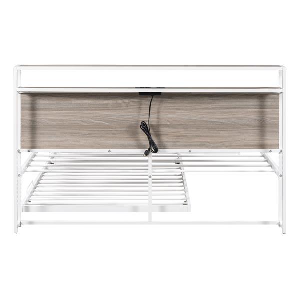 Queen Size Metal Platform Bed Frame with Trundle, USB Ports and Slat Support ,No Box Spring Needed White