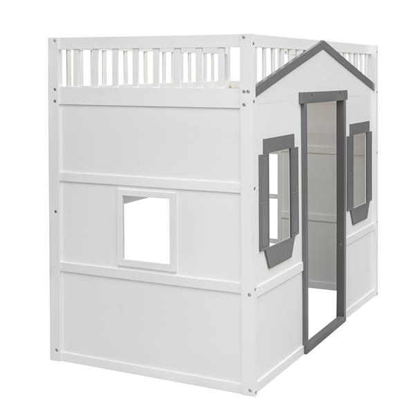 Twin Size House Loft Bed With Ladder-White+Gray Frame