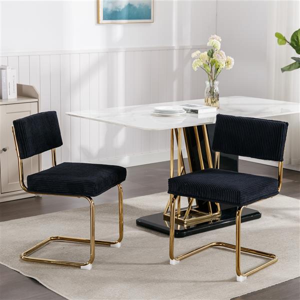 Furniture,Modern Dining Chairs with Corduroy Fabric,Gold Metal Base, Accent Armless Kitchen Chairs with Channel Tufting, Side Chairs, Set of 2, Black