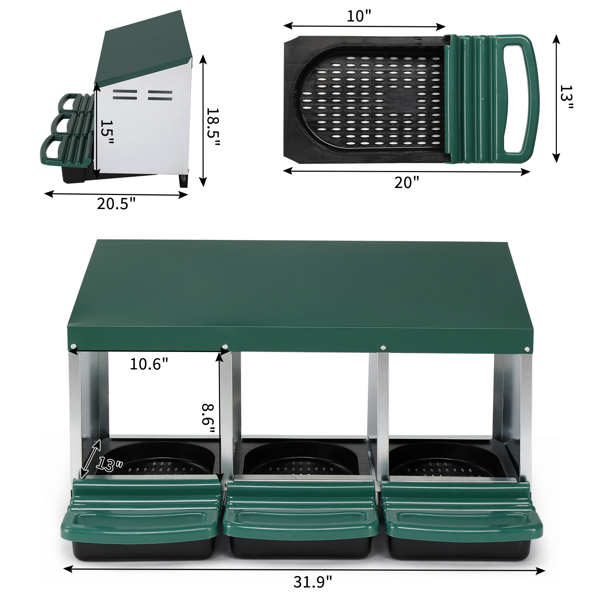 3 Compartment Roll Out Chicken Nesting Box with Plastic Basket, Egg Nest Box Chicken Laying Box Hens Chicken Coop Box, Green