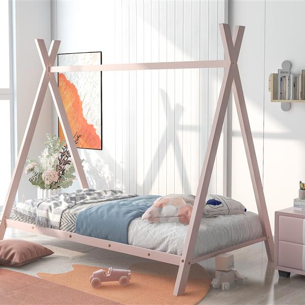 House Bed Tent Bed Frame Twin Size Metal Floor Play House Bed with Slat for Kids Girls Boys , No Box Spring Needed Pink