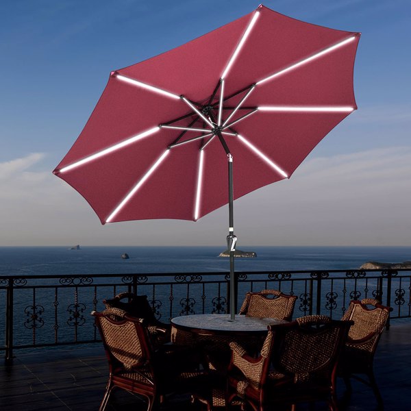 9 FT 8 ribs Outdoor Solar Patio Umbrella LED Table Umbrellas with LED Strip Lights & Hub Light, Aluminum Frame（No shipment on weekends）