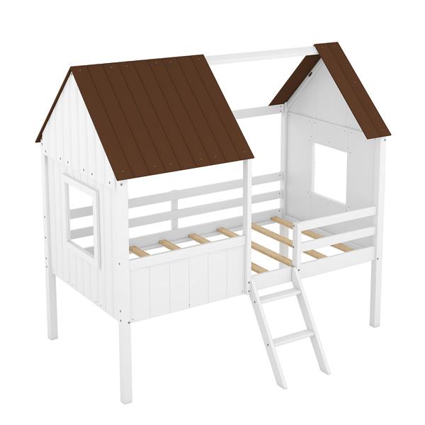 Twin Size Low Loft Wood House Bed with Two Side Windows  (White+Brown)