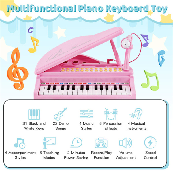 Pink Kids Piano 31 Keys Kids Piano Keyboard with Stool and Piano Lid