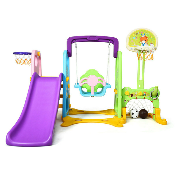 6-in-1 Kids Portable Slide Rocking Horse Toy with Basketball Hoop and Ring Toss