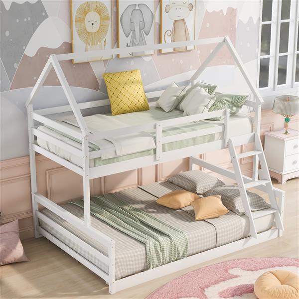 Twin over Full House Bunk Bed with Built-in Ladder,White