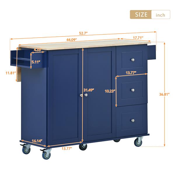 Rolling Mobile Kitchen Island with Drop Leaf - Solid Wood Top, Locking Wheels & Storage Cabinet 52.7 Inch Width(Dark blue)