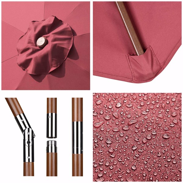 9ft Wooden Umbrella, Outdoor Patio Umbrella, Wood Market Umbrella, Patio Umbrella Wood Pole with Pulley Lift for Garden, Yard, Deck, Pool, Market - RED（No shipments on weekends）