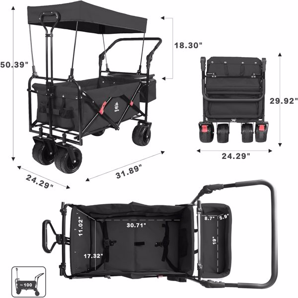 Collapsible Wagon Heavy Duty Folding Wagon Cart with Removable Canopy, 4" Wide Large All Terrain Wheels, Brake, Adjustable Handles,Cooler Bag Utility Carts for Outdoor Garden Wagons Carts Beach Cart