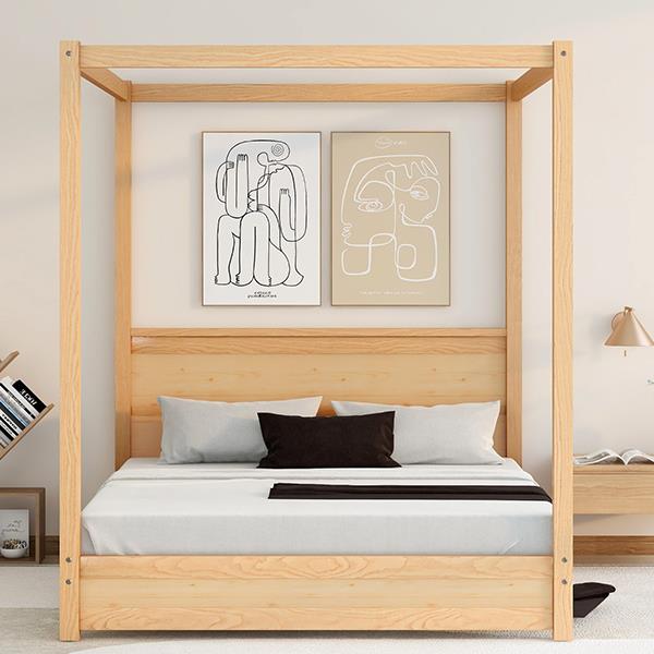 Queen Size Canopy Platform Bed with Headboard and Support Legs,Natural