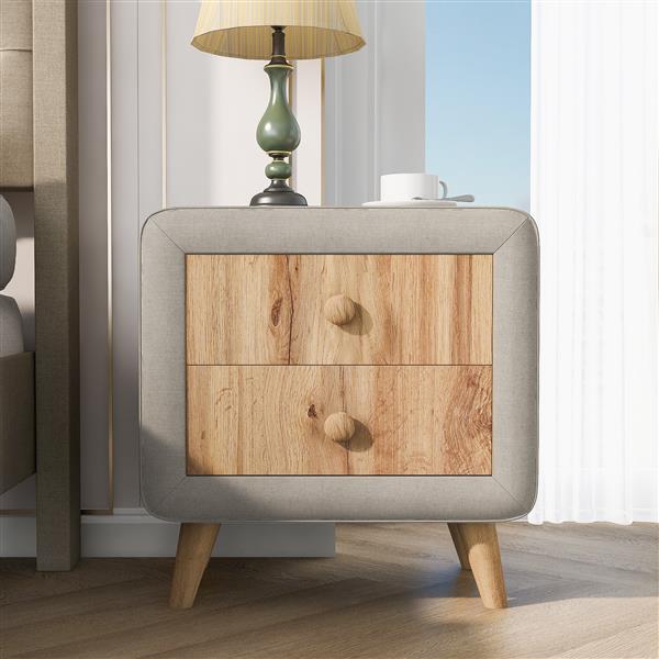 Upholstered Wooden Nightstand with 2 Drawers,Fully Assembled Except Legs and Handles,Bedside Table with Rubber Wood Leg-Beige