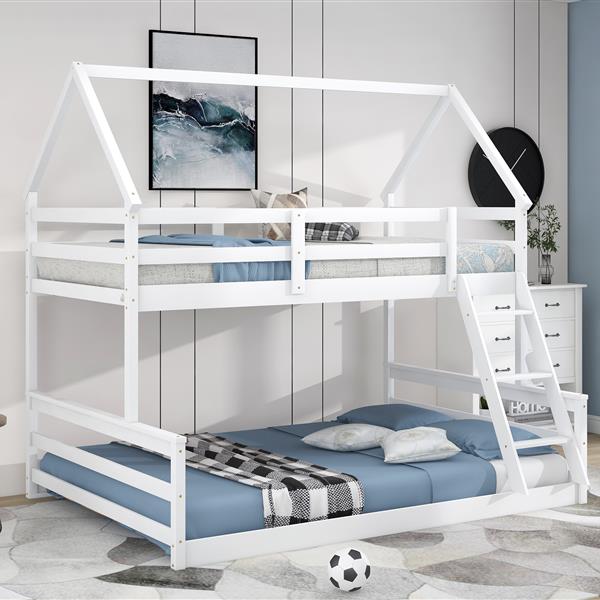 Twin over Full House Bunk Bed with Built-in Ladder,White