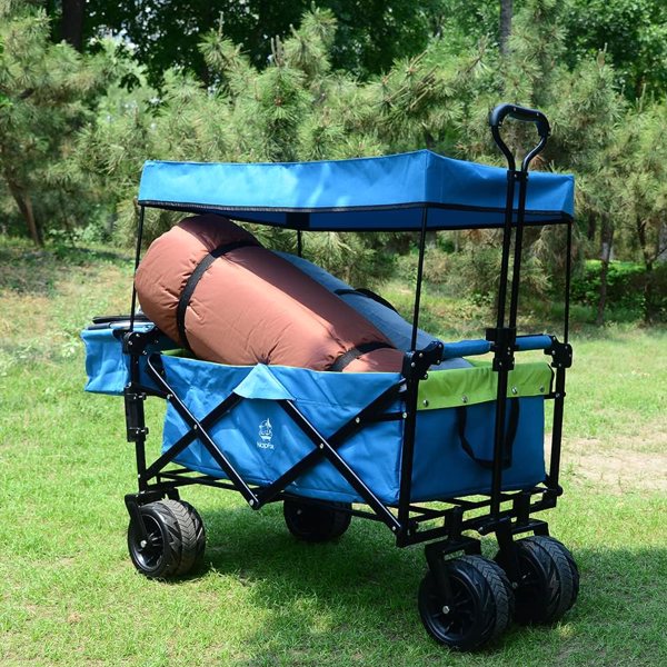 Collapsible Wagon Heavy Duty Folding Wagon Cart with Removable Canopy, 4" Wide Large All Terrain Wheels, Brake, Adjustable Handles,Cooler Bag Utility Carts for Outdoor Garden Wagons Carts Beach Cart