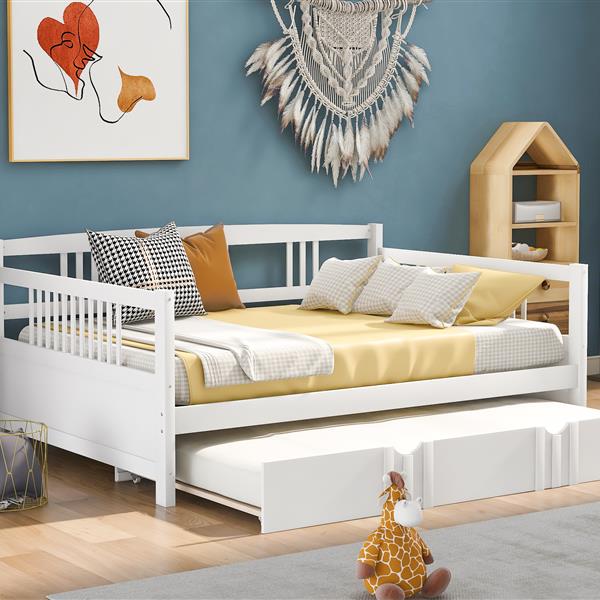 Full Size Daybed Wood Bed with Twin Size Trundle,White