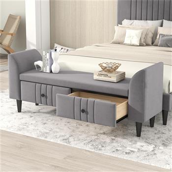 Upholstered Wooden Storage Bench with 2 Drawers For Bedroom,Fully Assembled Except Legs and Handles,Gray