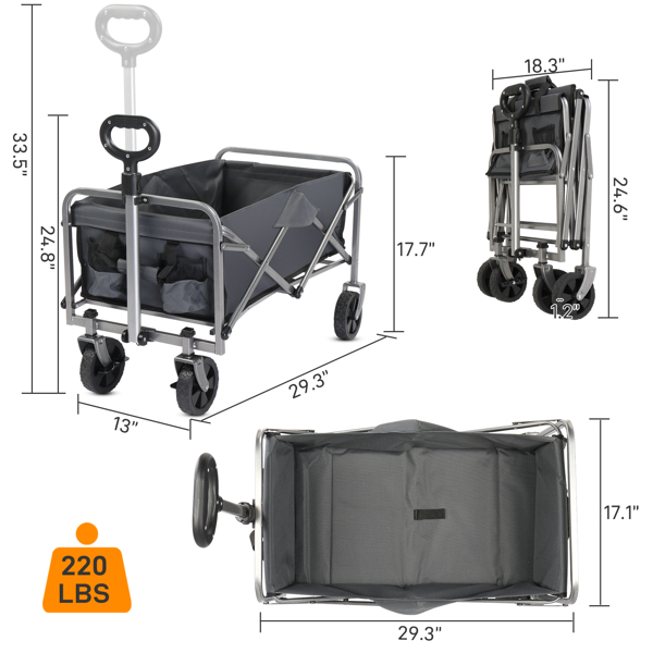 74.5*45.5*84cm 100kg 600d Oxford Cloth Steel Frame Flat Folding Style Grey Cloth Silver Frame Garden Folding Cart