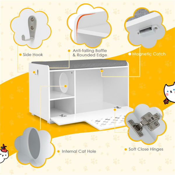 Cat Litter Box Enclosure，Entrance Shoe Stool with Removable Cushion and Front Open Door