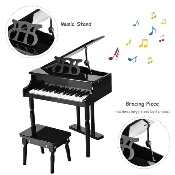 Black Kids Piano 30-Key Keyboard Toy with Bench Piano Lid and Music Rack