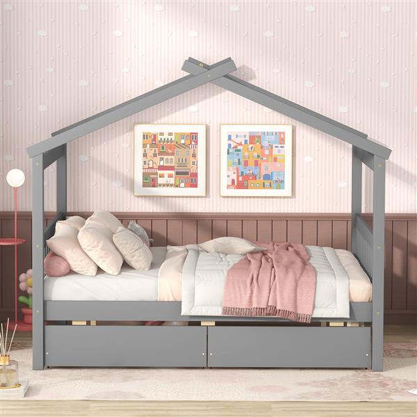 Full Size Wooden House Bed with Drawers, Gray