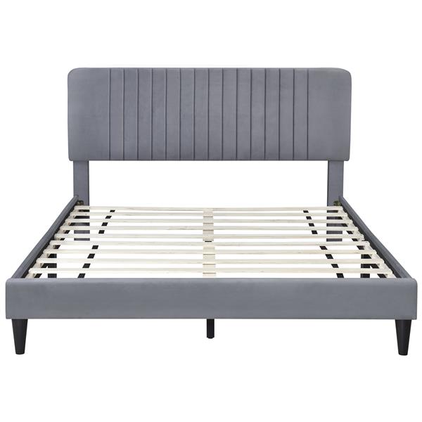 Queen Size Upholstered Platform Bed,No Box Spring Needed, Velvet Fabric,Gray