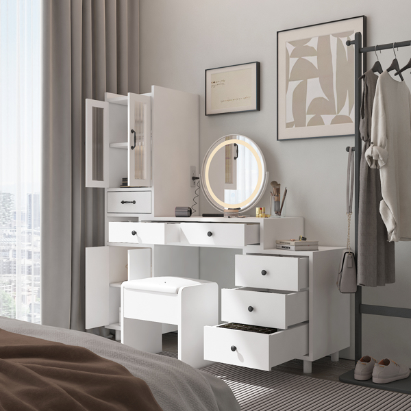 Modern Makeup Vanity Table Set with Side Cabinet and Nightstand and LED Mirror, Retractable Dressing Table with Power Outlets, 3 Light Colors