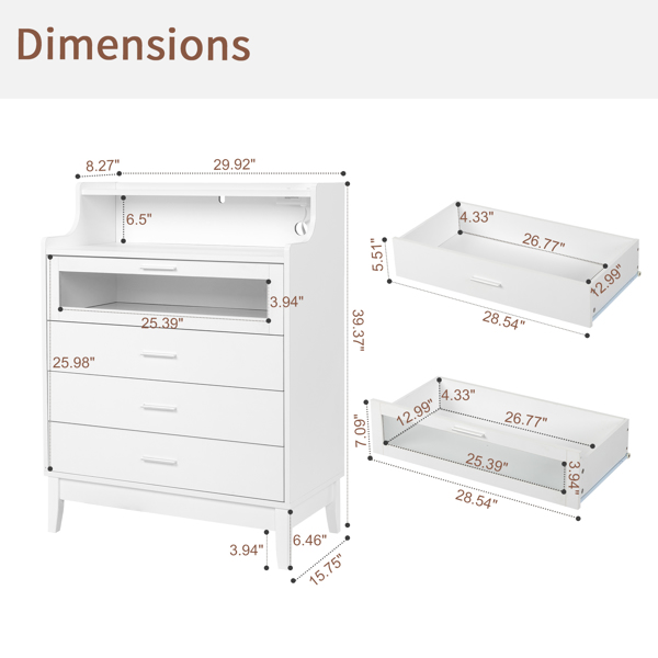 FCH white pitted particle board with melamine-coated tempered glass 76*40cm*101cm four drawers with compartments drawer cabinet with RGB light strip + 2 USB + 2 three-plug power socket