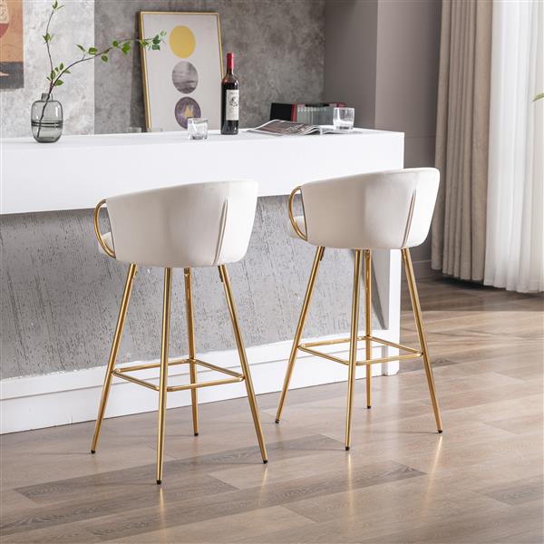 30 Inch Set of 2 Bar Stools,with Chrome Footrest and Base Velvet + Golden Leg Simple Bar Stool,CREAM