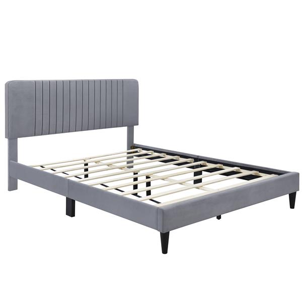 Queen Size Upholstered Platform Bed,No Box Spring Needed, Velvet Fabric,Gray