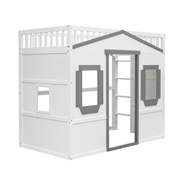 Twin Size House Loft Bed With Ladder-White+Gray Frame