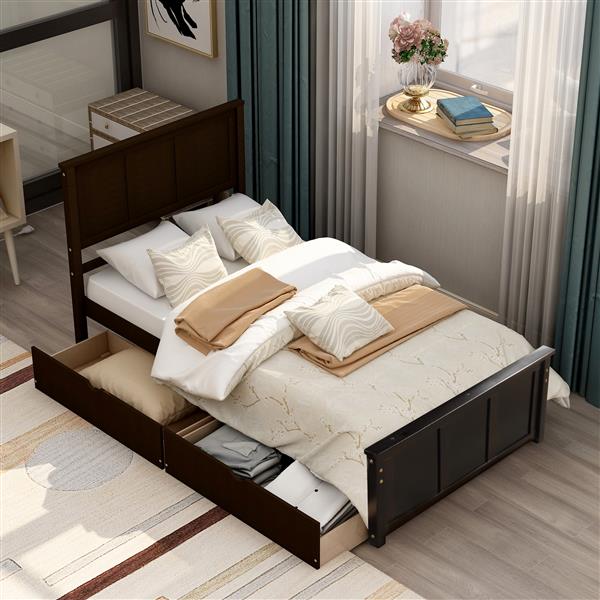 Platform Storage Bed, 2 drawers with wheels, Twin Size Frame, Espresso