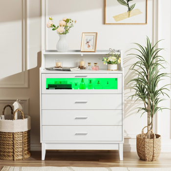 FCH white pitted particle board with melamine-coated tempered glass 76*40cm*101cm four drawers with compartments drawer cabinet with RGB light strip + 2 USB + 2 three-plug power socket