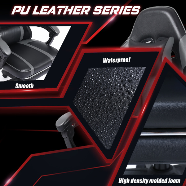 带脚踏板的人体工学游戏椅，适合体重较重人士使用的舒适电脑椅，可调节腰靠背办公椅，带 360° 旋转座椅，成人用 PU 皮革游戏椅，灰色-7