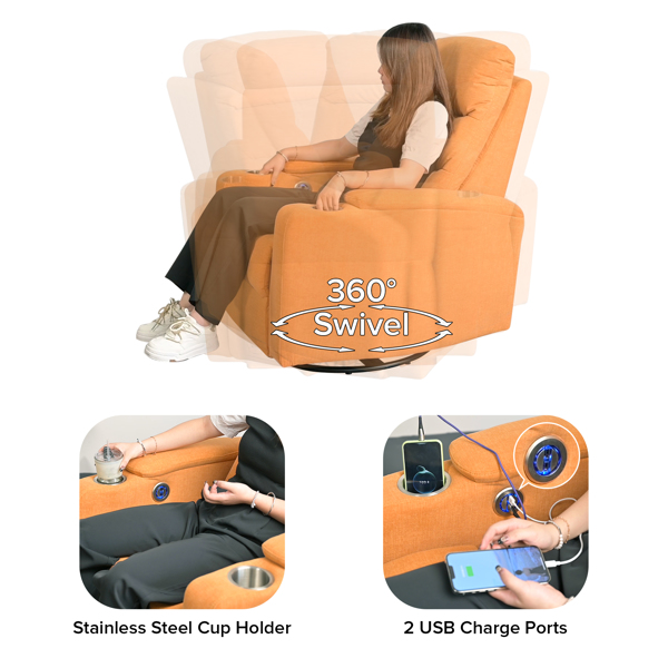 Swivel Rocking Recliner Sofa Chair With USB Charge Port & Cup Holder For Living Room, Bedroom,light orange