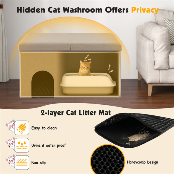 Beige Cat Litter Box Enclosure，Entrance Shoe Stool with Urine Proof Litter Mat