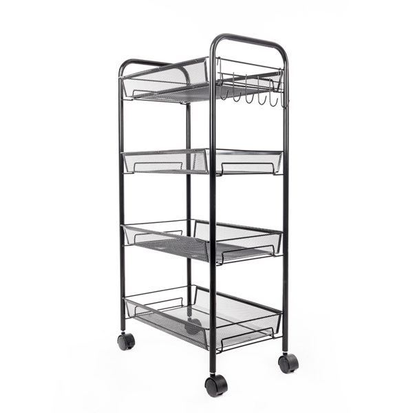 Exquisite Honeycomb Net Four Tiers Storage Cart with Hook Black