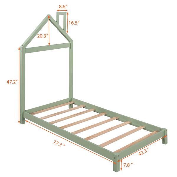 Twin Size Wood Platform Bed with House-shaped Headboard  (Green)