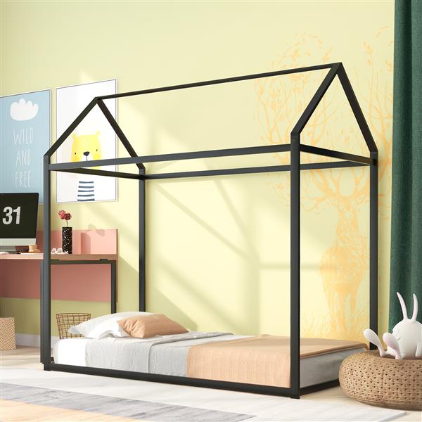 House Bed Frame Twin Size , Kids Bed Frame Metal  Platform Bed  Floor Bed for Kids Boys Girls No Box Spring Needed Black