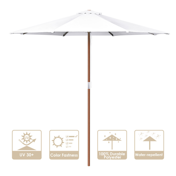 9ft Wooden Umbrella, Outdoor Patio Umbrella, Wood Market Umbrella, Patio Umbrella Wood Pole with Pulley Lift for Garden, Yard, Deck, Pool, Market - White（No shipments on weekends）