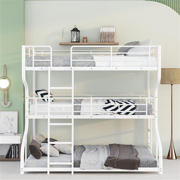 Full XL over Twin XL over Queen Size Triple Bunk Bed with Long and Short Ladder,White