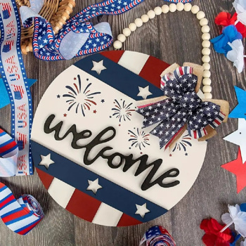 4th of July Door Sign, Independence Day welcome bead tag, Wooden Sign Independence Day Decorations, Patriotic Welcome Door Decor Memorial Day Decorations for Front Door Home Porch Wall Summer, 6PCS