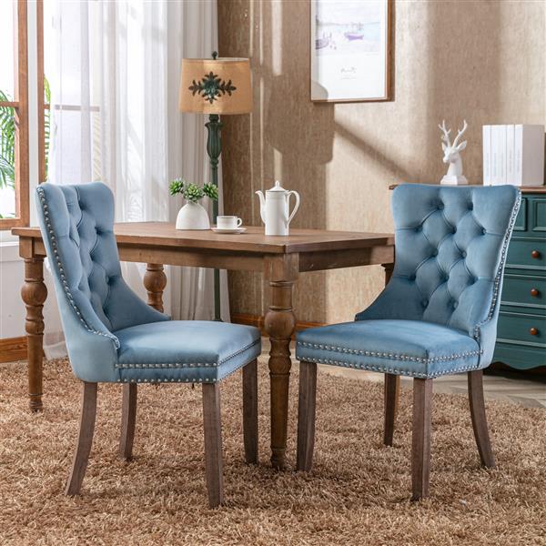 Modern, High-end Tufted Solid Wood Contemporary Velvet Upholstered Dining Chair with Wood Legs Nailhead Trim 2-Pcs Set,Light Blue