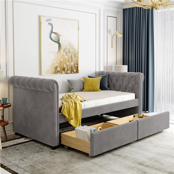 Twin Size Upholstered daybed with Drawers, Wood Slat Support, Gray