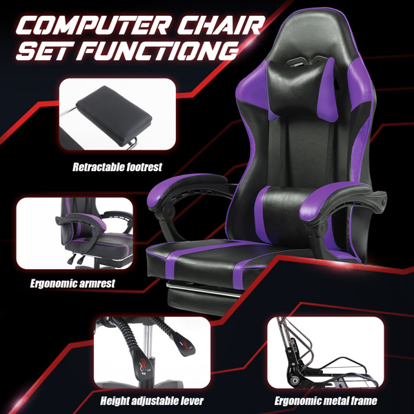 Ergonomic Gaming Chair with Footrest, Comfortable Computer Chair for Heavy People, Adjustable Lumbar Desk Office Chair with 360°-Swivel Seat, PU Leather Video Game Chairs for Adults