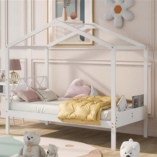 Twin Size Wood House Bed with Storage Space, White