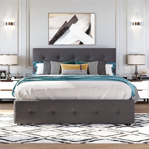 Upholstered Platform Bed with 2 Drawers and 1 Twin XL Trundle,  Linen Fabric, Queen Size - Dark Gray